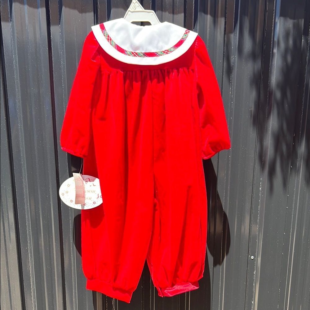 Allison Ann Vintage Christmas Red Velvet Baby Romper White Peter Pan Collar 18M - Picture 9 of 11